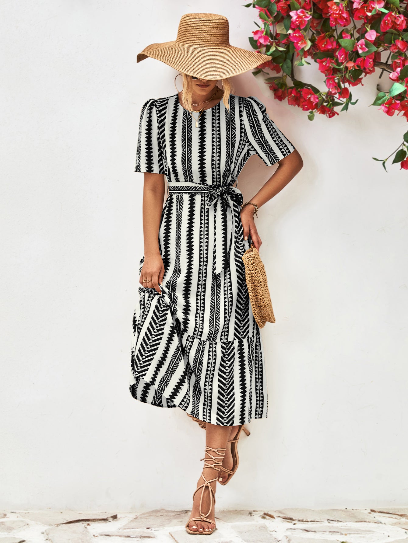 Striped Tie Belt Round Neck Puff Sleeve Dress-Angel Casuals