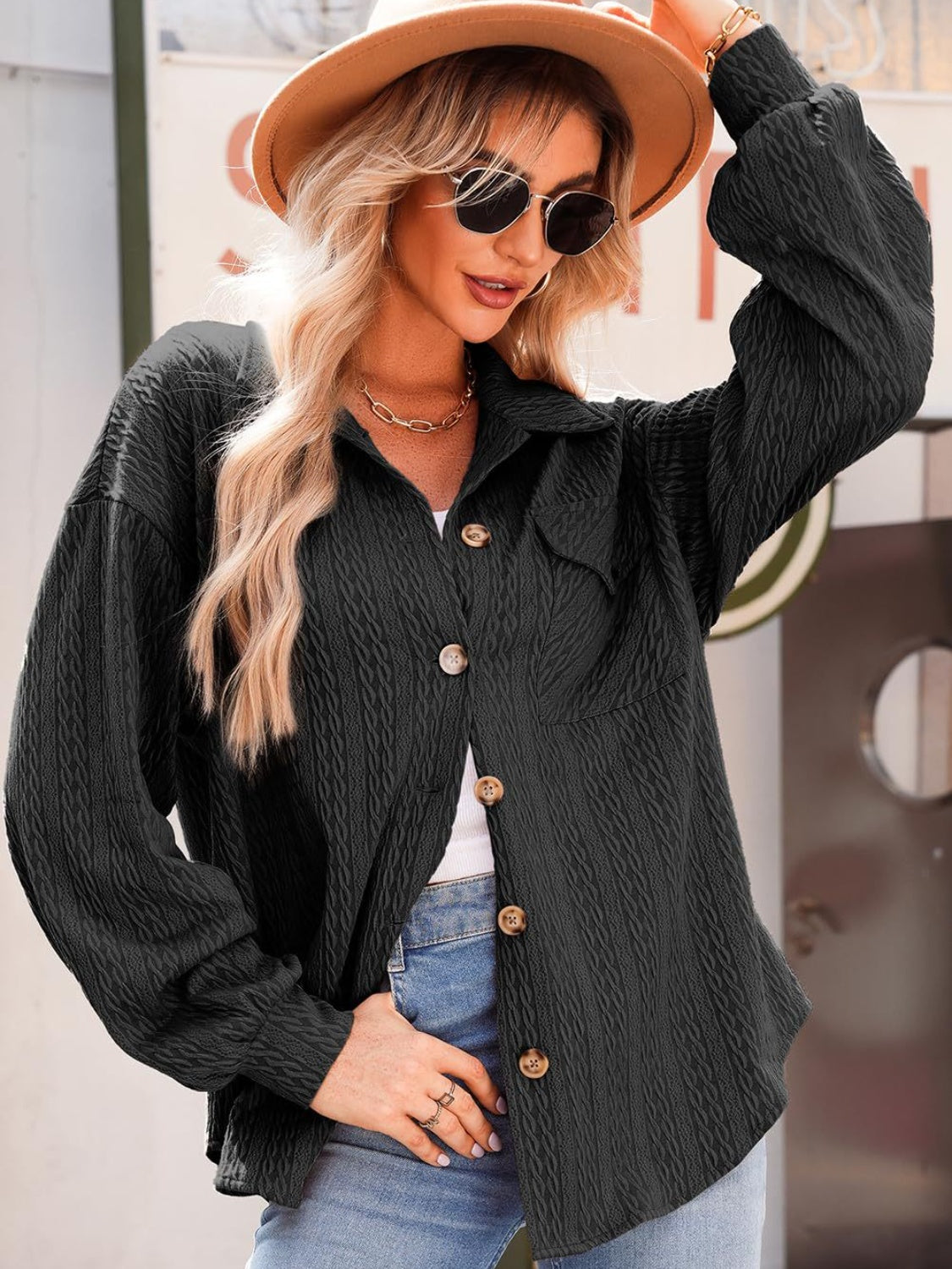 Textured Button Up Long Sleeve Shacket-Angel Casuals