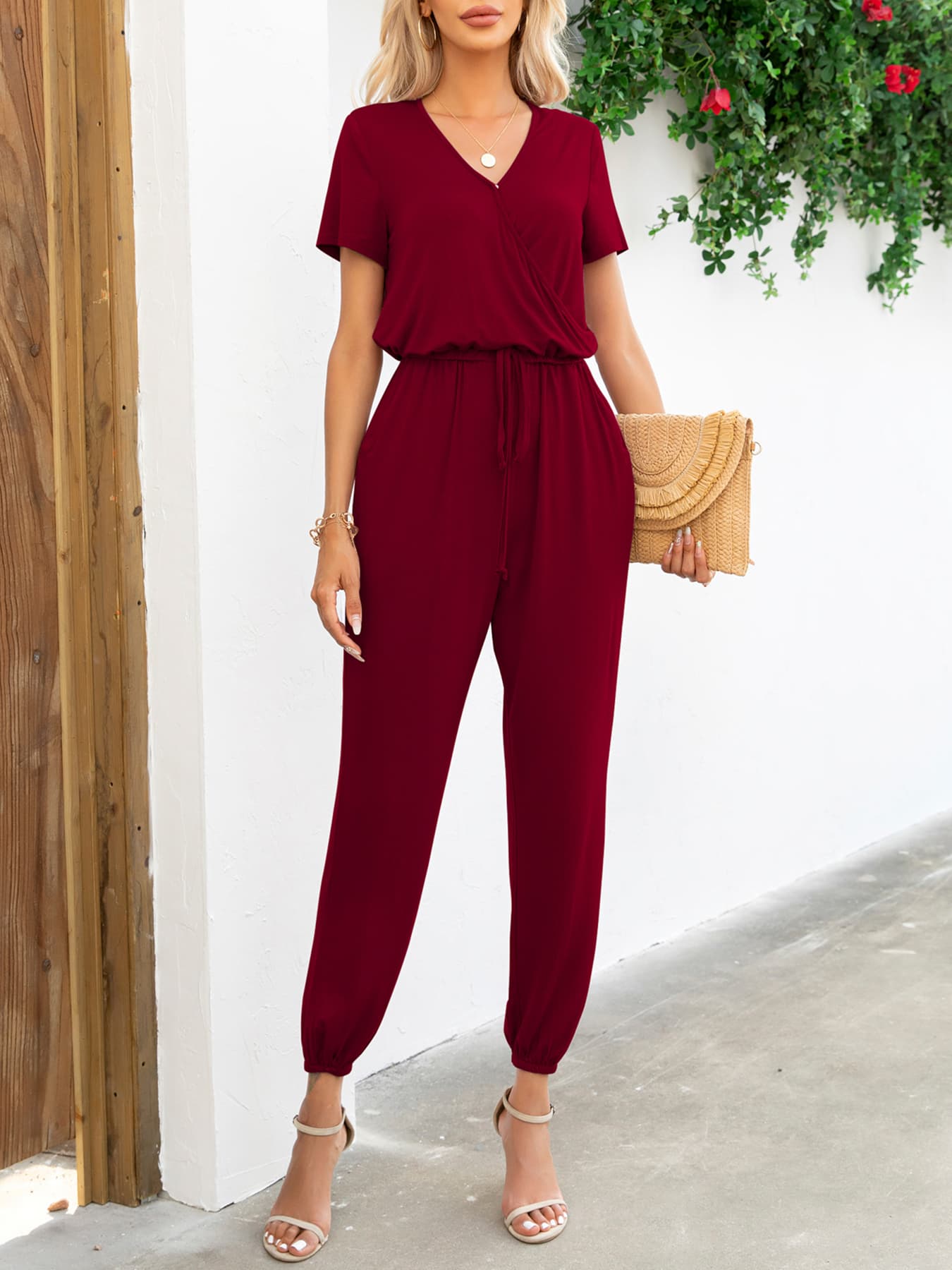 Short Sleeve V-Neck Jumpsuit with Pockets-Angel Casuals