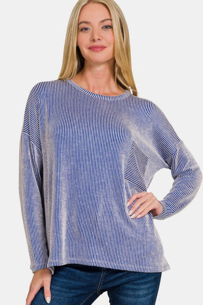 Zenana Ribbed Striped Long Sleeve T-Shirt-Angel Casuals