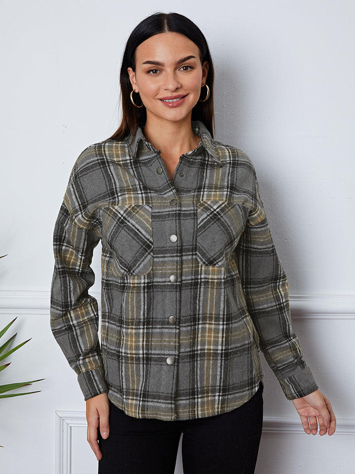 Plaid Snap Down Long Sleeve Shacket-Angel Casuals