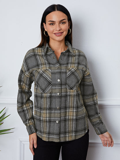 Plaid Snap Down Long Sleeve Shacket-Angel Casuals