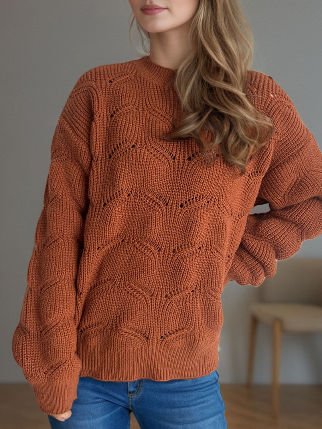 Openwork Round Neck Dropped Shoulder Sweater-Angel Casuals