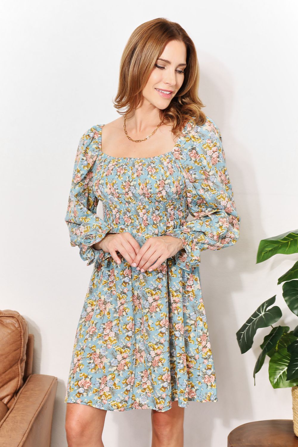 Floral Smocked Flounce Sleeve Square Neck Dress-Angel Casuals