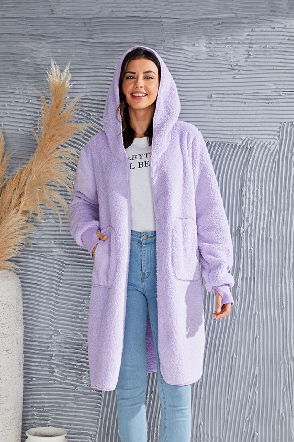 Double Take Full Size Hooded Teddy Bear Jacket with Thumbholes-Angel Casuals
