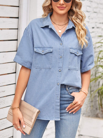 Collared Neck Short Sleeve Denim Jacket-Angel Casuals