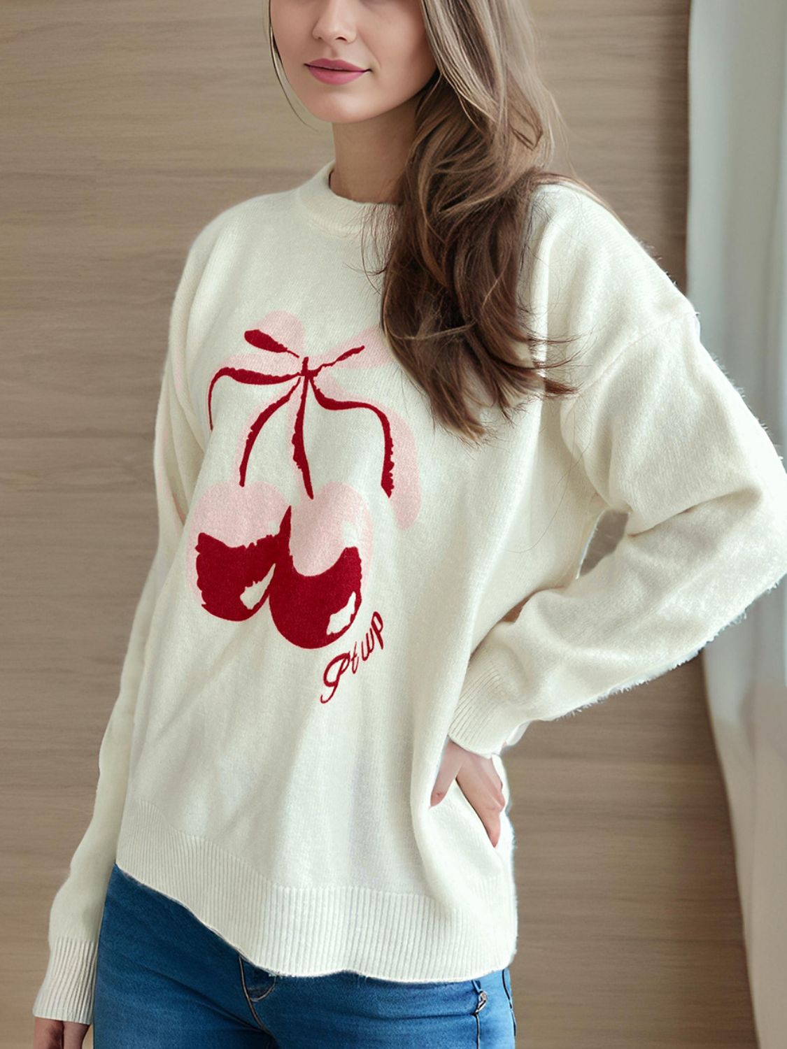 Cherry Round Neck Long Sleeve Sweater-Angel Casuals