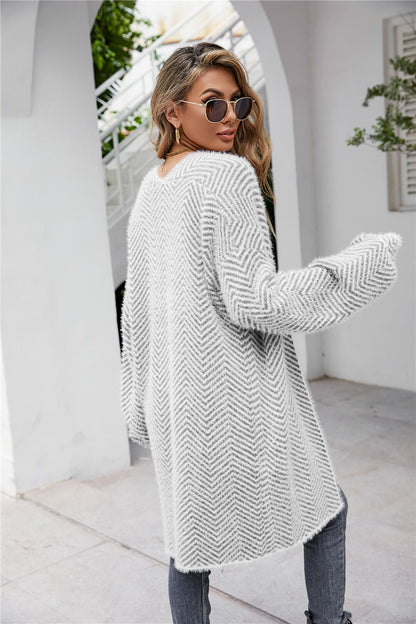 Herringbone Pattern Open Front Longline Fuzzy Cardigan-Angel Casuals