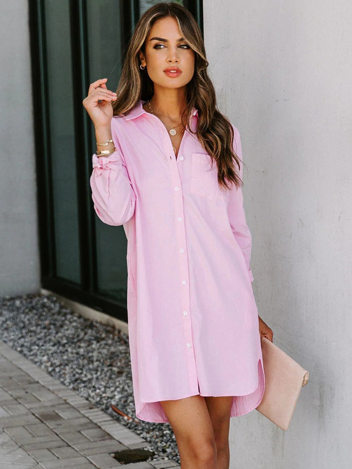 Button Up Collared Neck Long Sleeve Shirt Dress-Angel Casuals