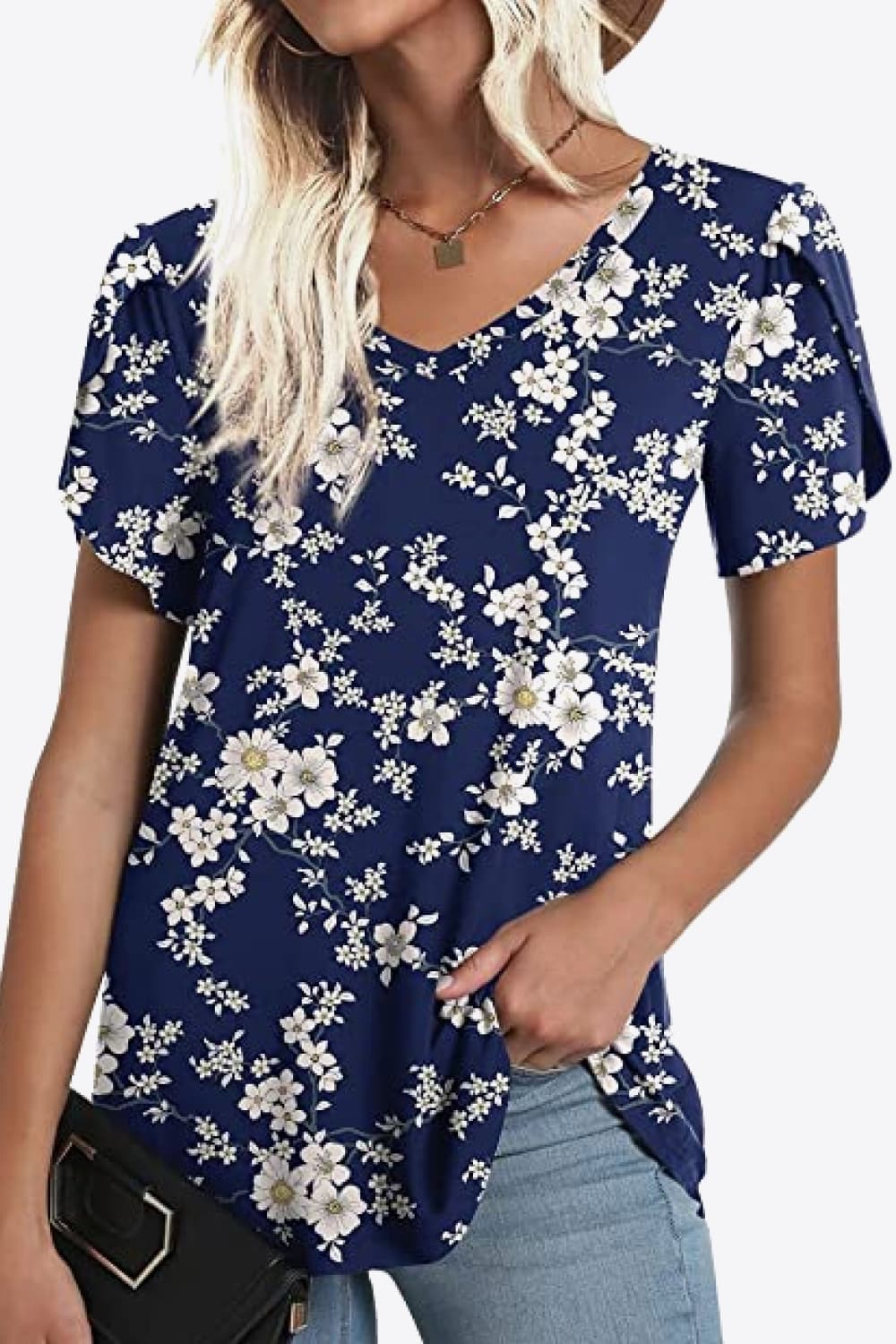 Printed Petal Sleeve V-Neck Blouse-Angel Casuals