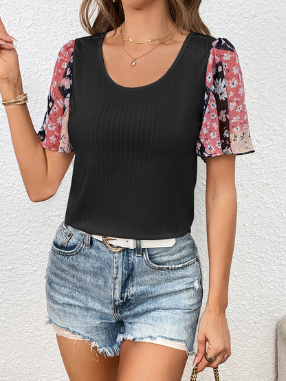 Printed Puff Sleeve Round Neck Tee-Angel Casuals