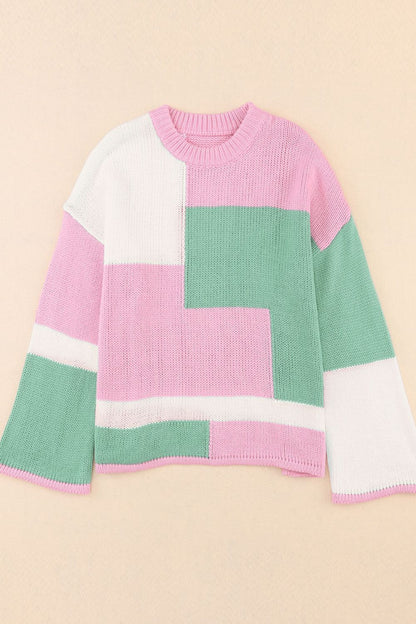 Color Block Round Neck Drop Shoulder Sweater-Angel Casuals