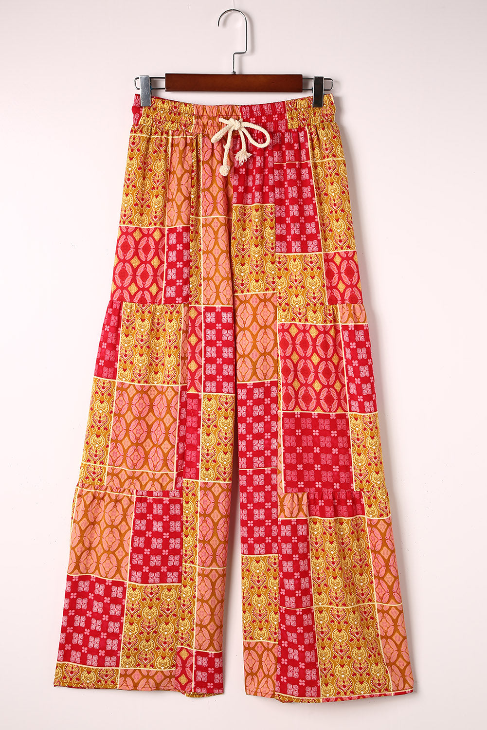 Bohemian Patchwork Drawstring Wide Leg Pants-Angel Casuals