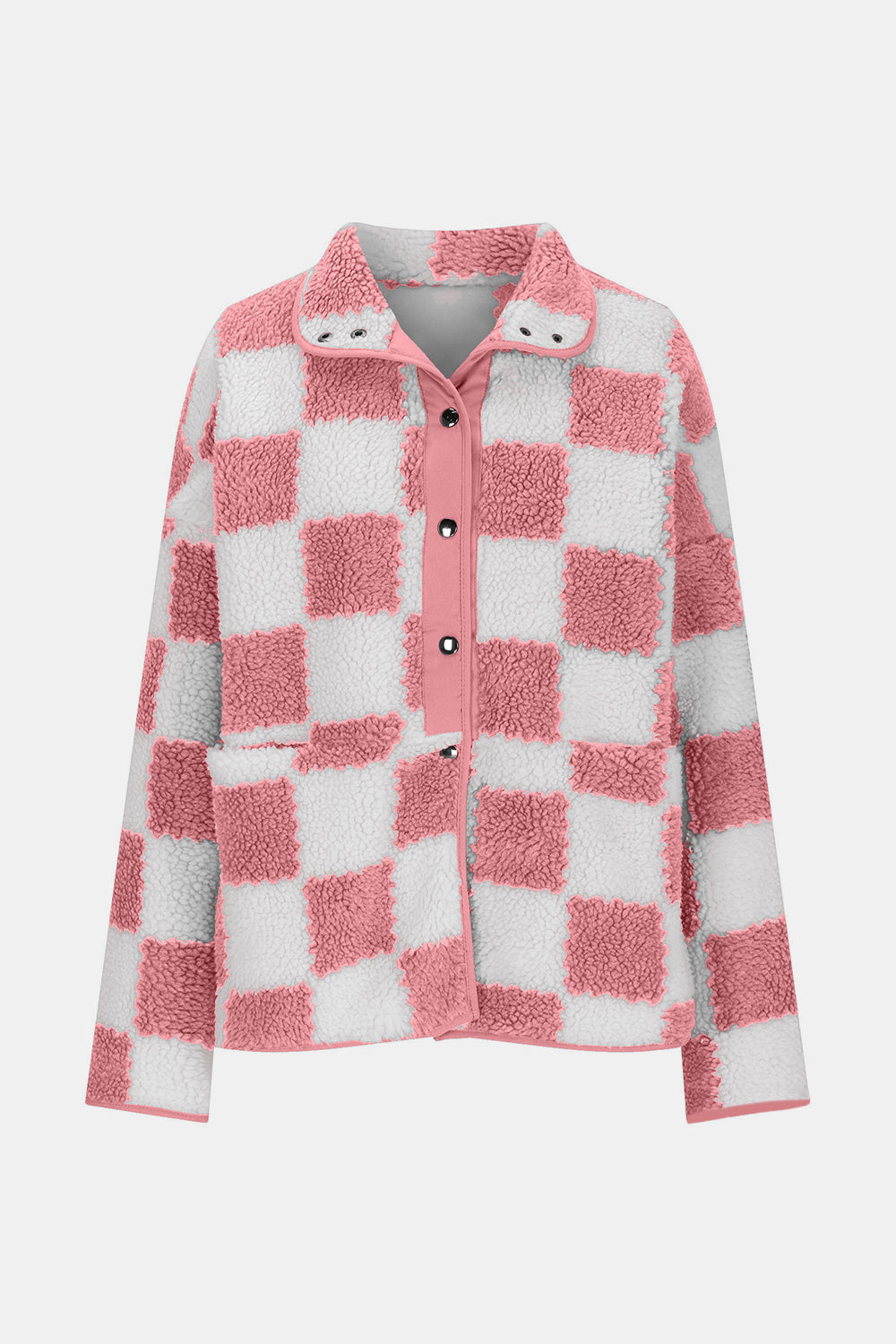 Checkered Snap Down Long Sleeve Teddy Jacket-Angel Casuals
