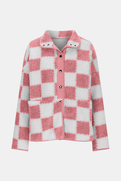 Checkered Snap Down Long Sleeve Teddy Jacket-Angel Casuals