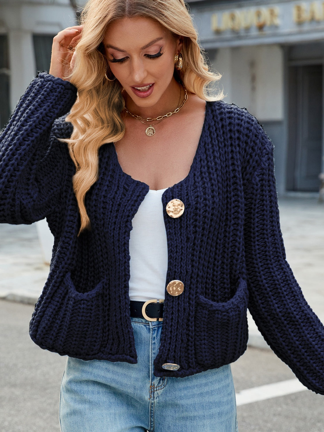 Round Neck Button Up Cardigan with Pockets-Angel Casuals