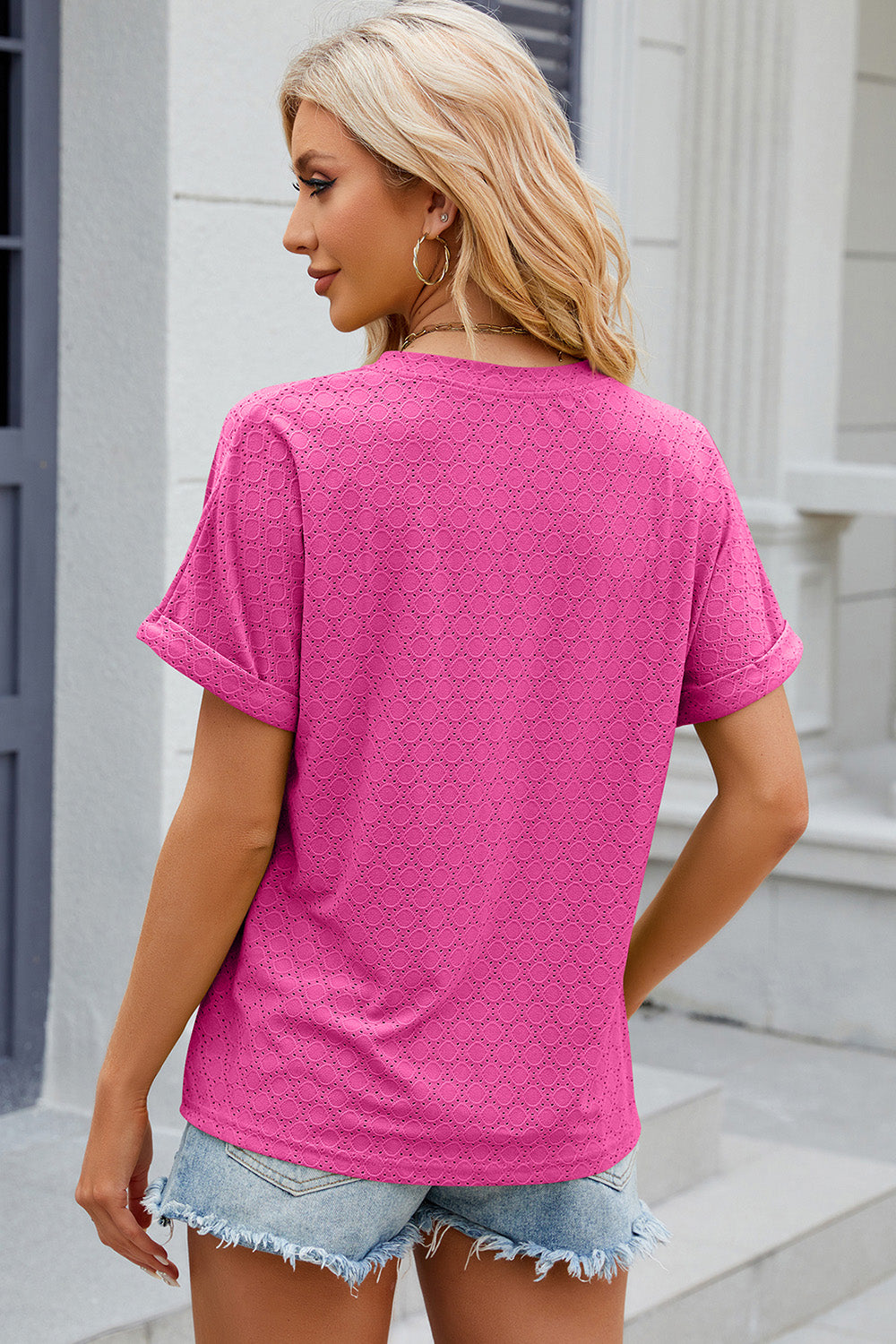 Eyelet Notched Short Sleeve T-Shirt-Angel Casuals
