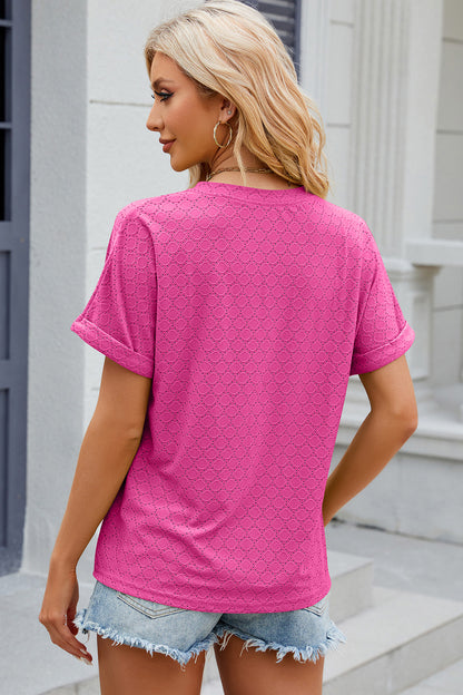 Eyelet Notched Short Sleeve T-Shirt-Angel Casuals