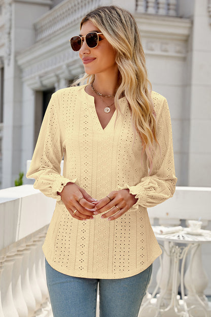 Eyelet Notched Lantern Sleeve T-Shirt-Angel Casuals