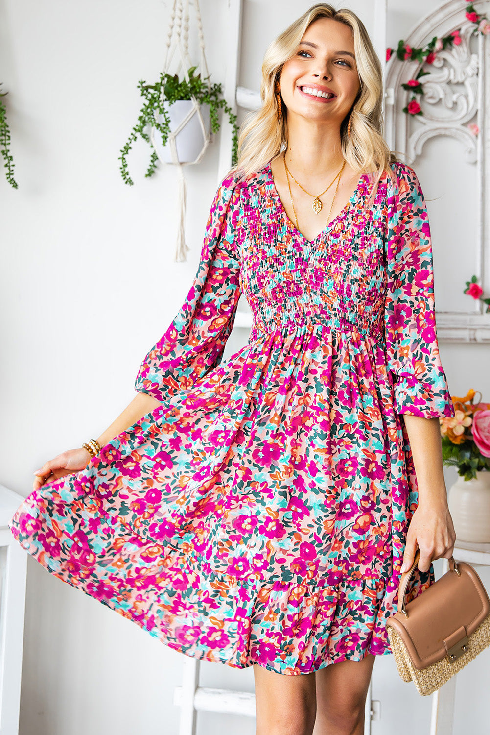 Floral Smocked V-Neck Flounce Sleeve Dress-Angel Casuals