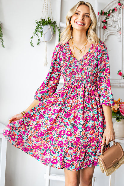 Floral Smocked V-Neck Flounce Sleeve Dress-Angel Casuals