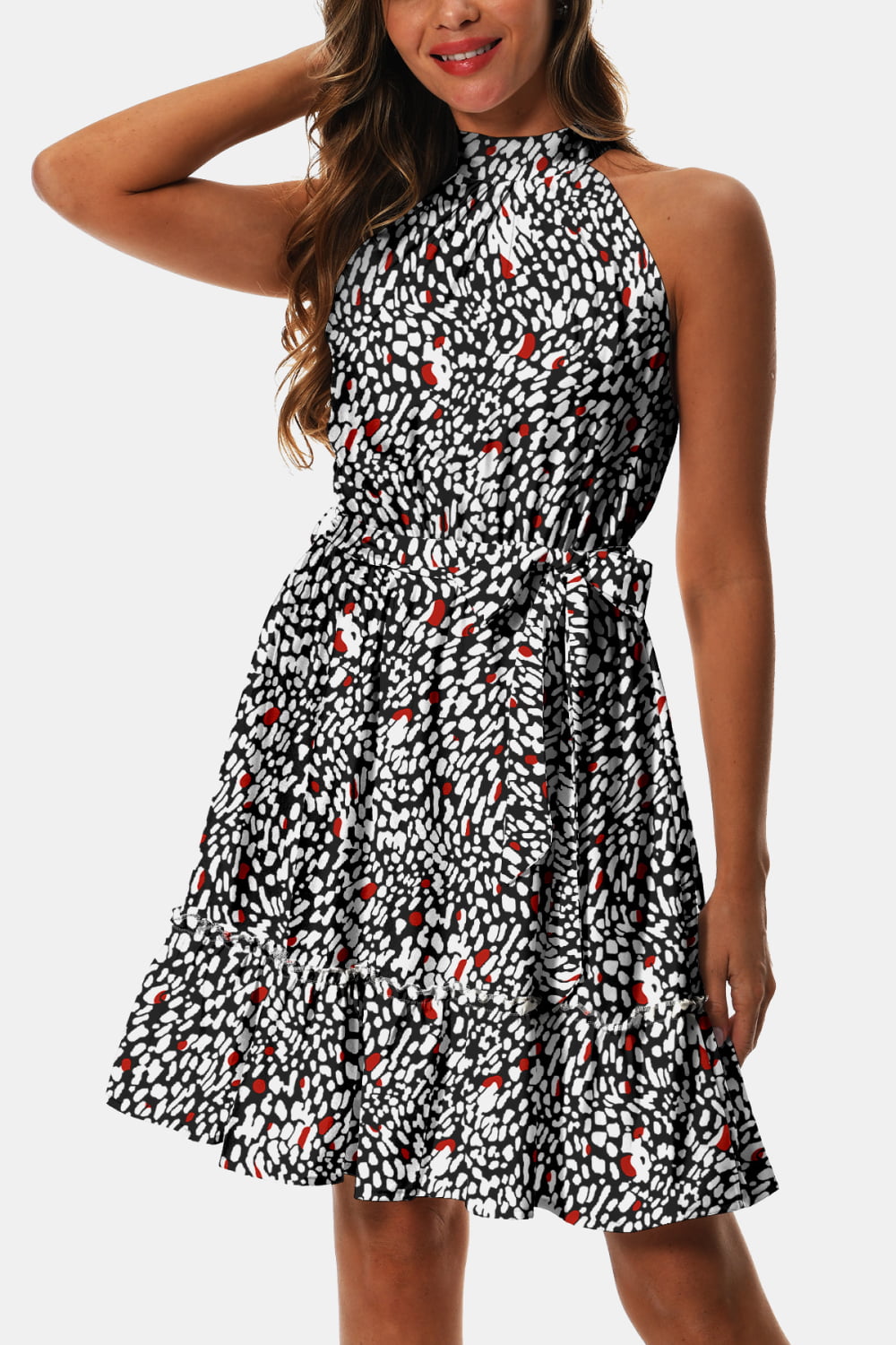 Printed Tie Waist Frill Trim Dress-Angel Casuals