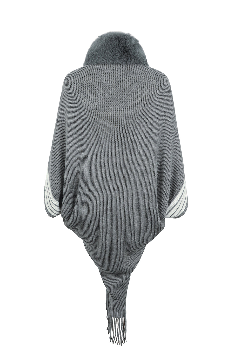 Striped Fringe Detail Long Sleeve Poncho-Angel Casuals