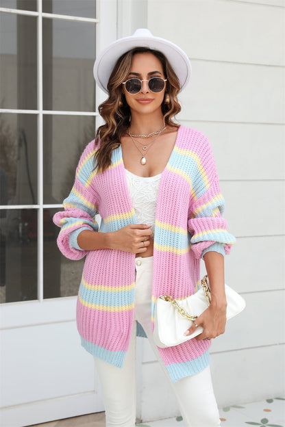 Color Block Ribbed Dropped Shoulder Open Front Cardigan-Angel Casuals