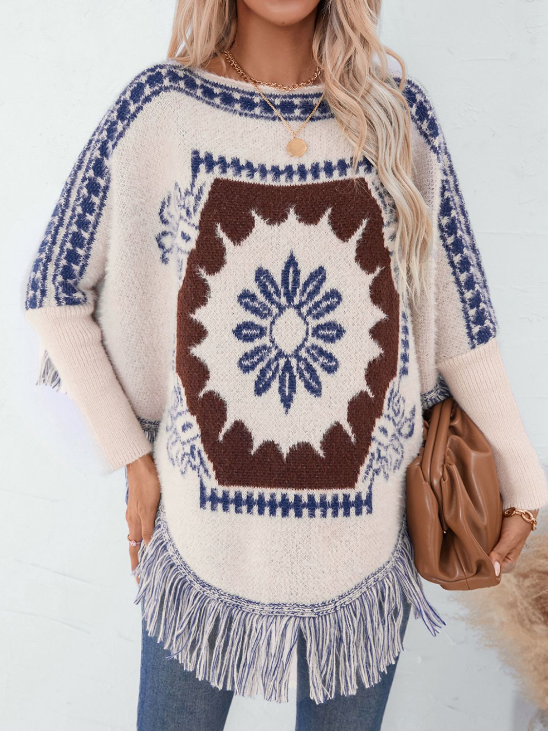 Fringe Geometric Long Sleeve Poncho-Angel Casuals