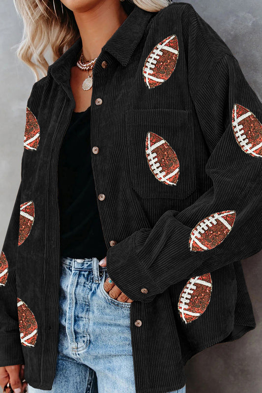 Sequin Football Button Up Long Sleeve Jacket-Angel Casuals