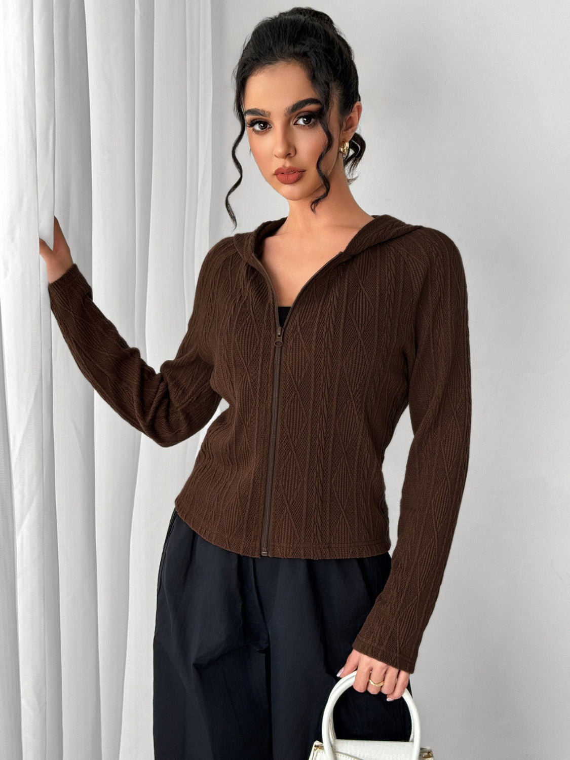 Texture Zip Up Long Sleeve Hooded Outerwear-Angel Casuals