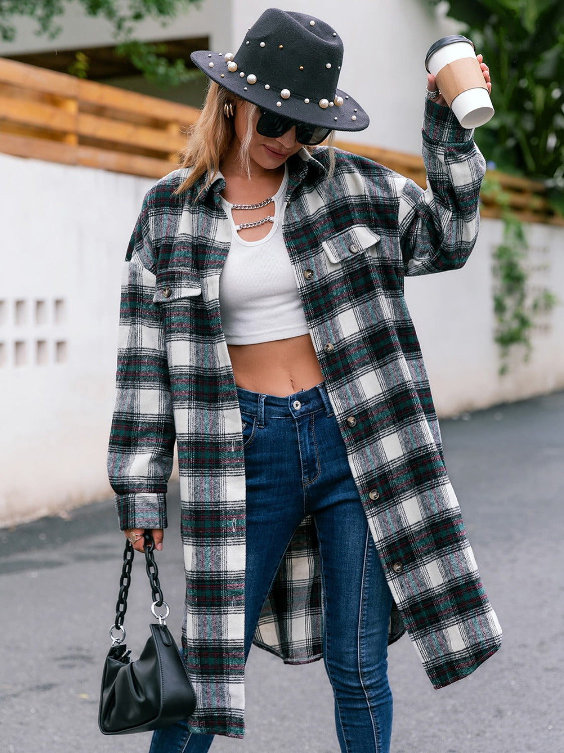 Plaid Button Up Long Sleeve Shacket-Angel Casuals