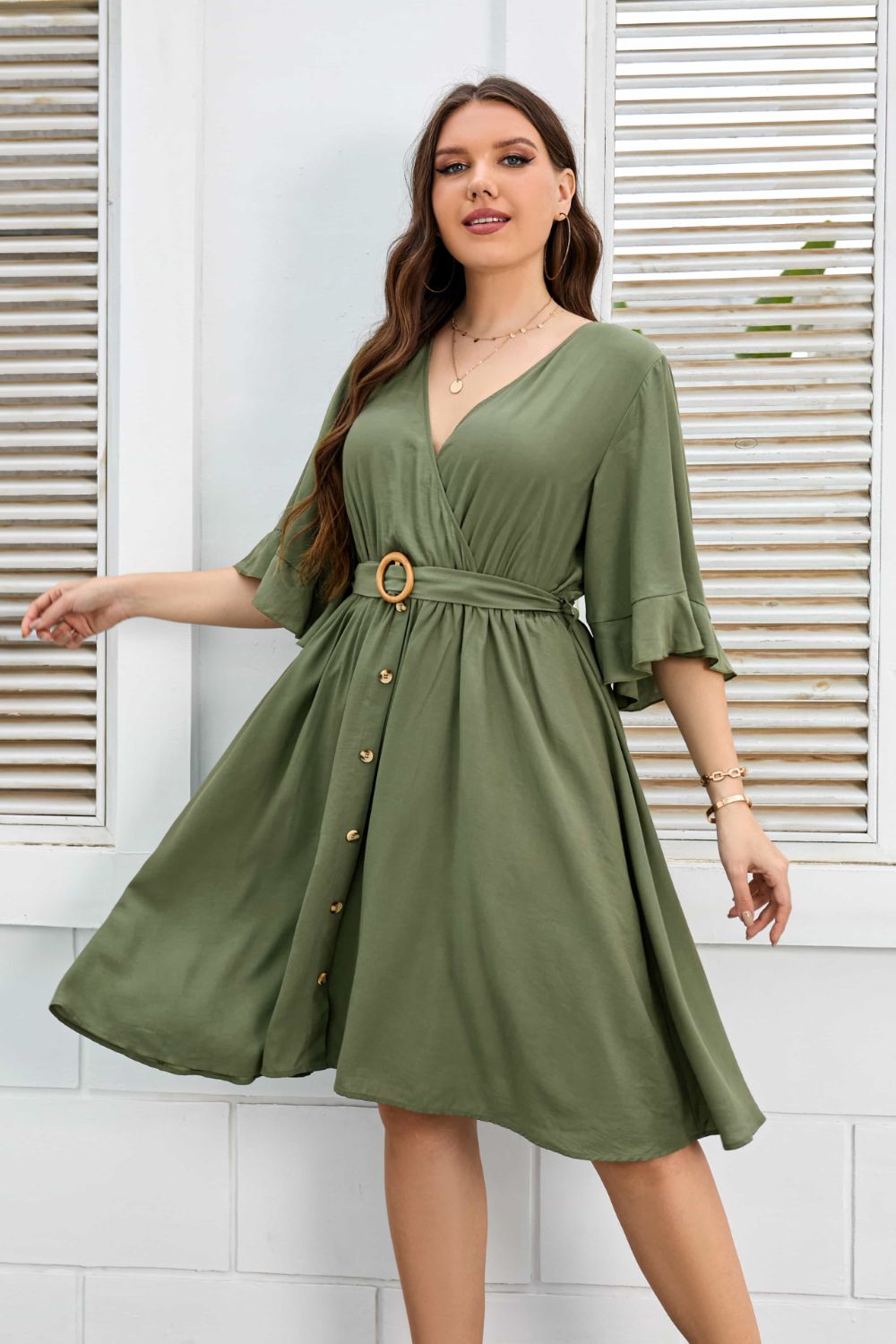 Plus Size Surplice Neck Half Sleeve Dress-Angel Casuals