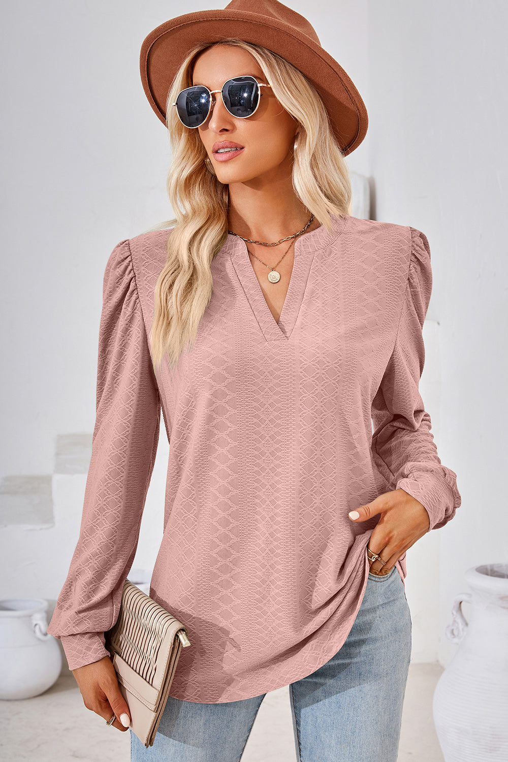 Ruched Notched Long Sleeve T-Shirt-Angel Casuals