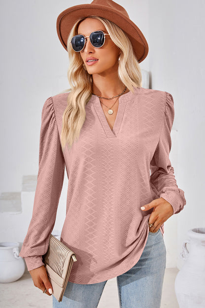 Ruched Notched Long Sleeve T-Shirt-Angel Casuals