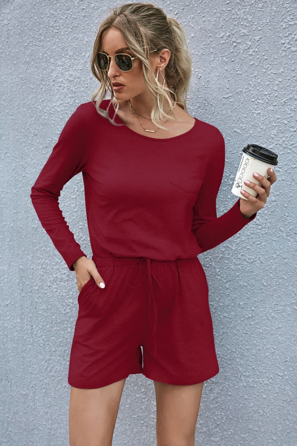 Drawstring Waist Long Sleeve Romper-Angel Casuals