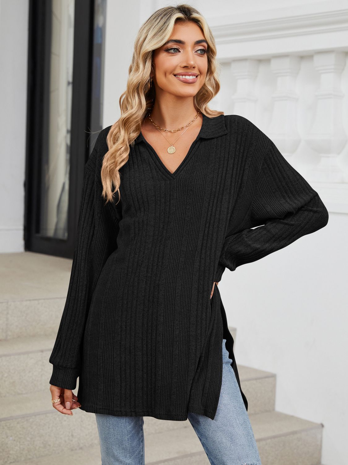 Slit Johnny Collar Long Sleeve T-Shirt-Angel Casuals