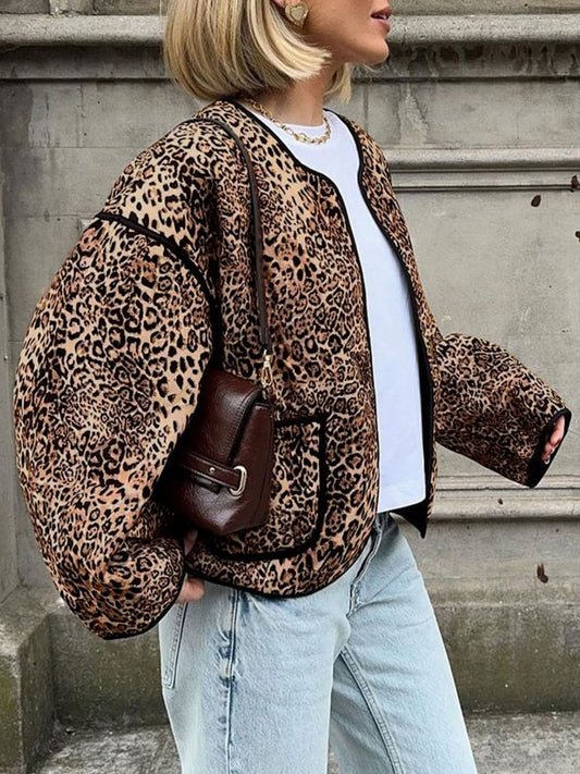 Perfee Leopard Open Front Long Sleeve Jacket-Angel Casuals