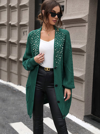 Perfee Pearl Detail Cable-Knit Button Up Cardigan-Angel Casuals