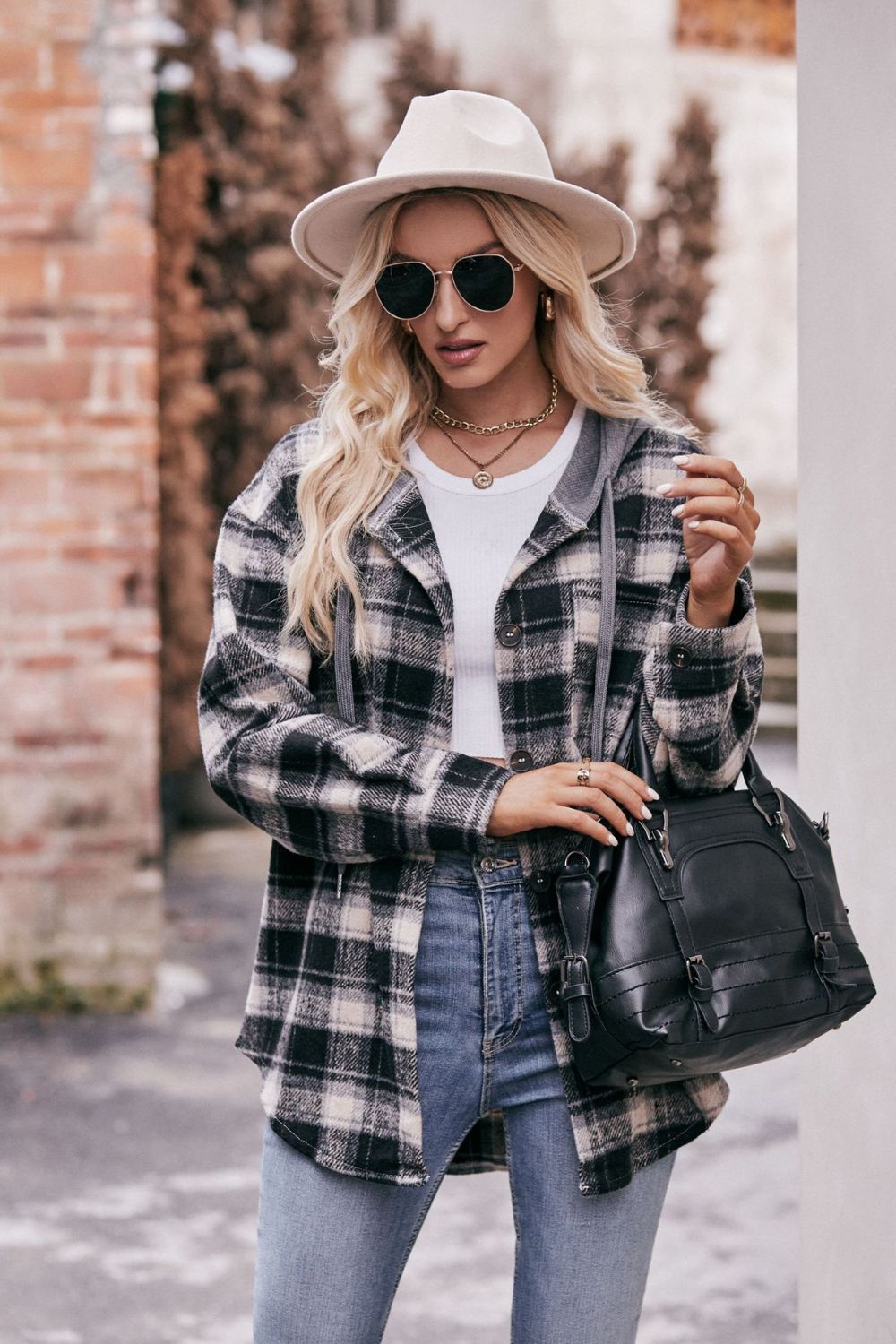 Plaid Dropped Shoulder Hooded Longline Jacket-Angel Casuals