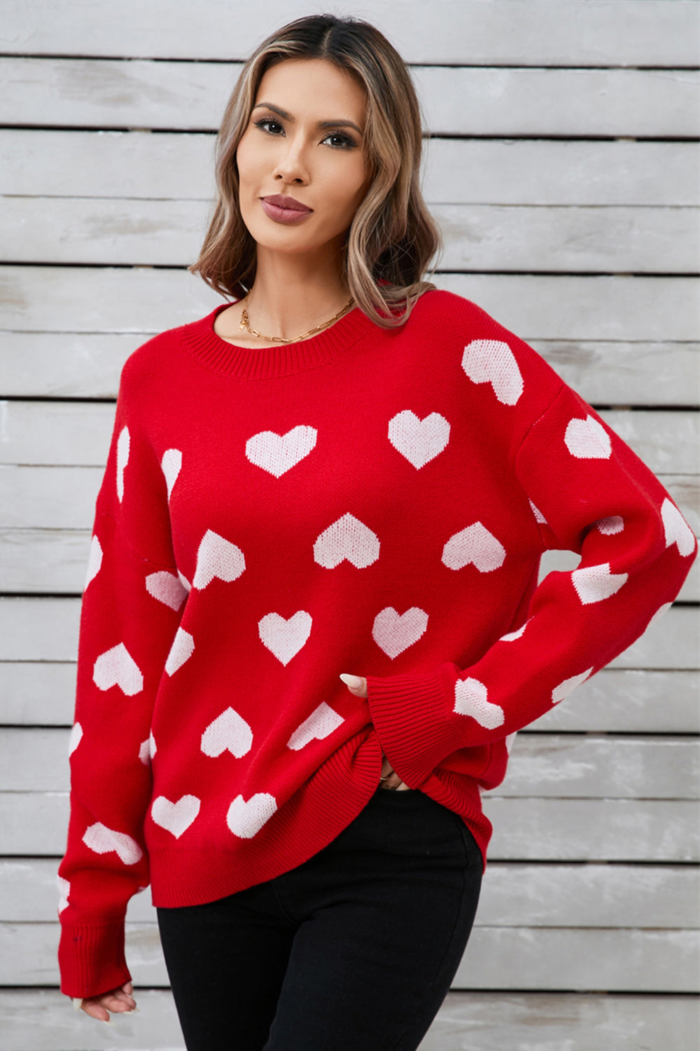 Angel Wings Heart Round Neck Long Sleeve Sweater-Angel Casuals