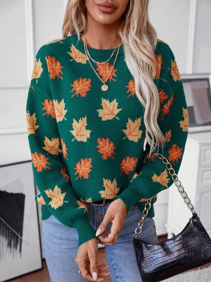 Maple Leaf Round Neck Long Sleeve Sweater-Angel Casuals