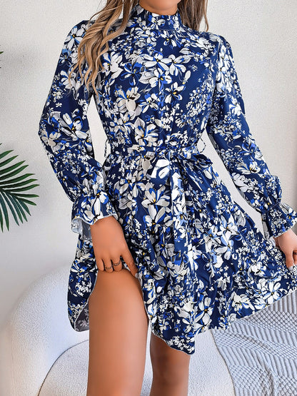 Printed Mock Neck Flounce Sleeve Mini Dress-Angel Casuals