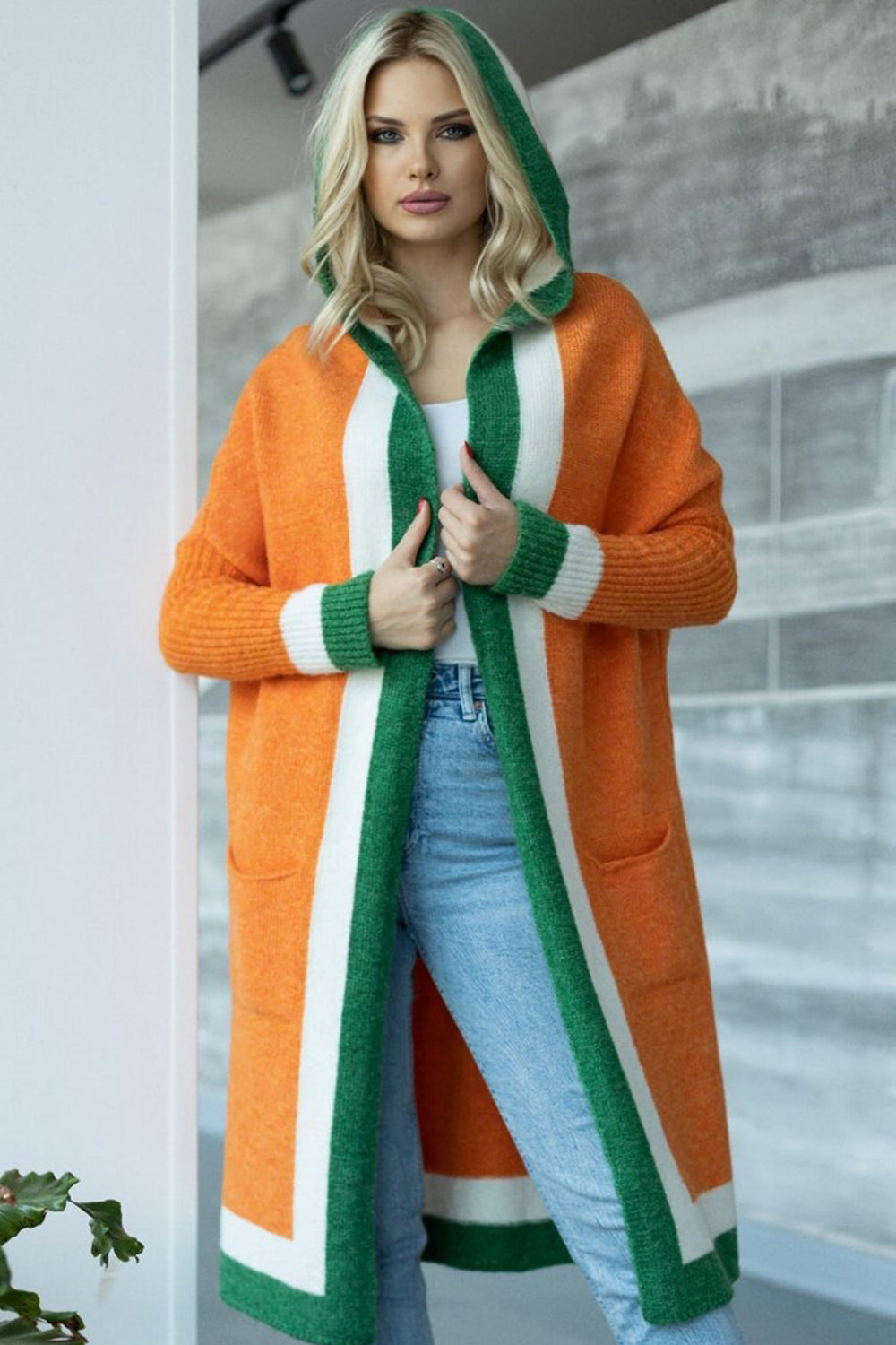 Pocketed Contrast Long Sleeve Hooded Cardigan-Angel Casuals