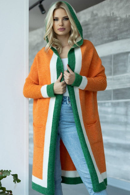 Pocketed Contrast Long Sleeve Hooded Cardigan-Angel Casuals