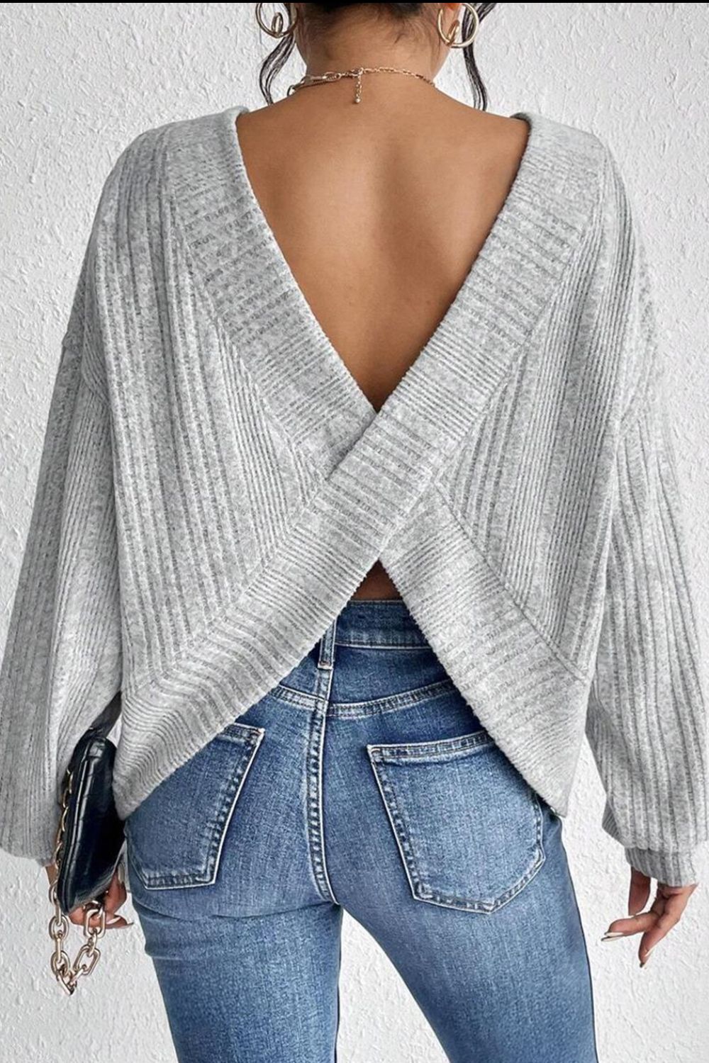 Crossover Backless Long Sleeve Knit Top-Angel Casuals