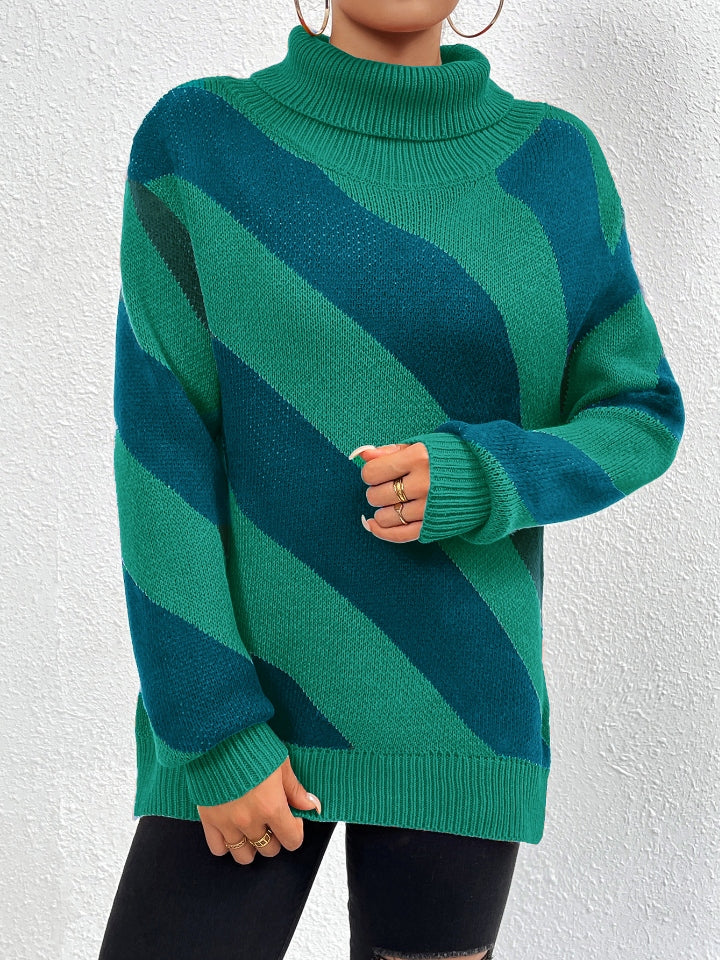 Striped Turtleneck Dropped Shoulder Sweater-Angel Casuals