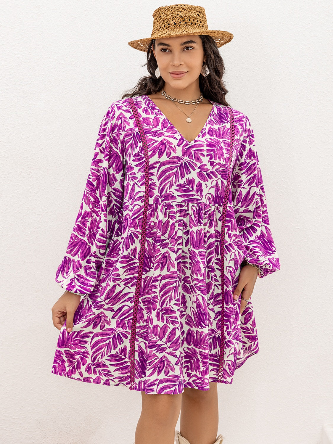 Plus Size Printed V-Neck Balloon Sleeve Mini Dress-Angel Casuals