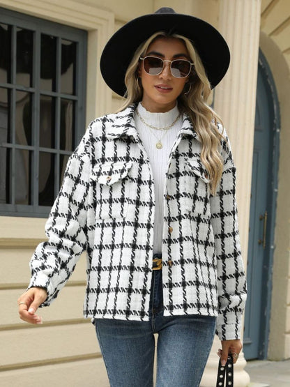 Plaid Collared Neck Long Sleeve Jacket-Angel Casuals