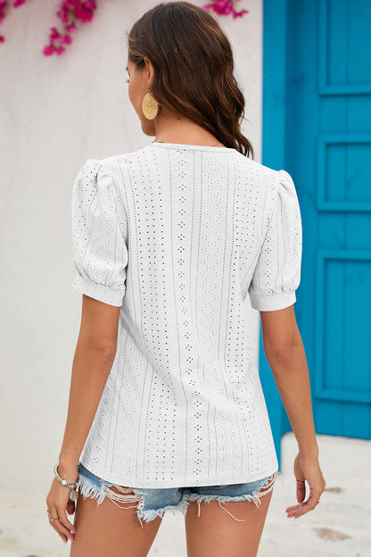 Eyelet V-Neck Short Sleeve T-Shirt-Angel Casuals